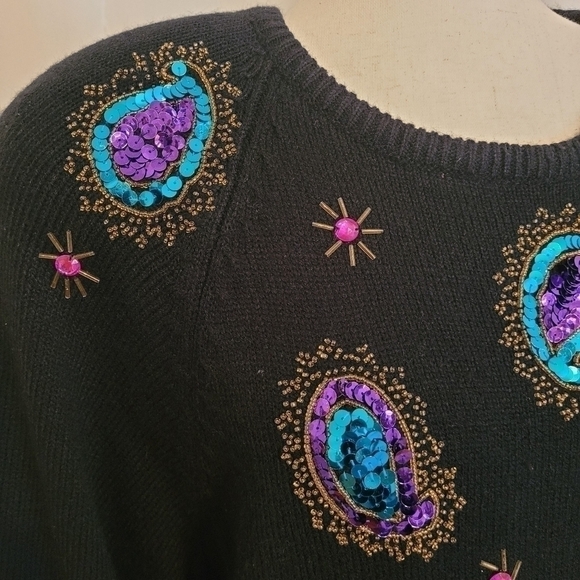 VINTAGE 80s Sequin Beaded Maxi Sweater Dress Long Sleeve Medium - Picture 5 of 8